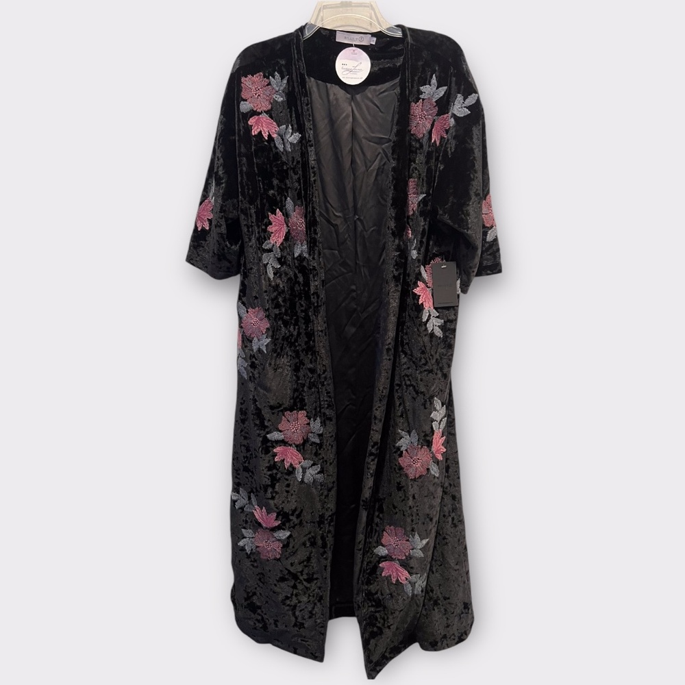 NWT Billy T Embroidered Floral Crushed Velvet Robe Kimono Duster Jacket - Picture 3 of 16